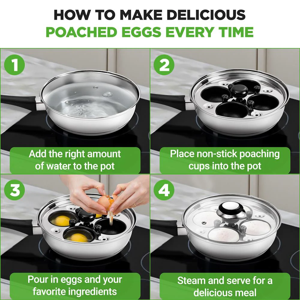Egg Poacher Set for Perfect Eggs, Stainless Steel, Glass Lid, Silver - Image 3