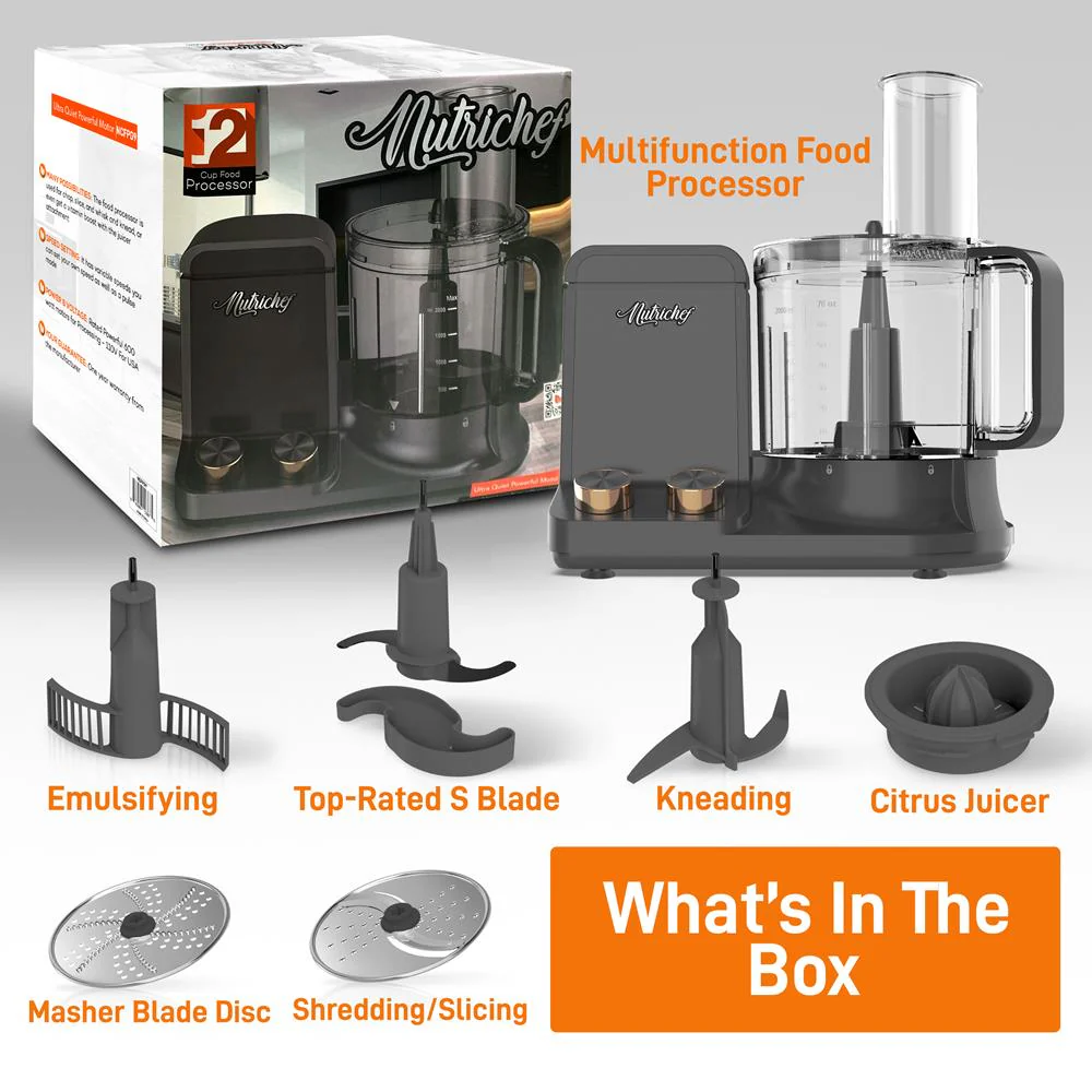 Multifunction Food Processor - Ultra Quiet Powerful Motor, Includes 6 Attachment Blades, Up To 2L Capacity - Image 7