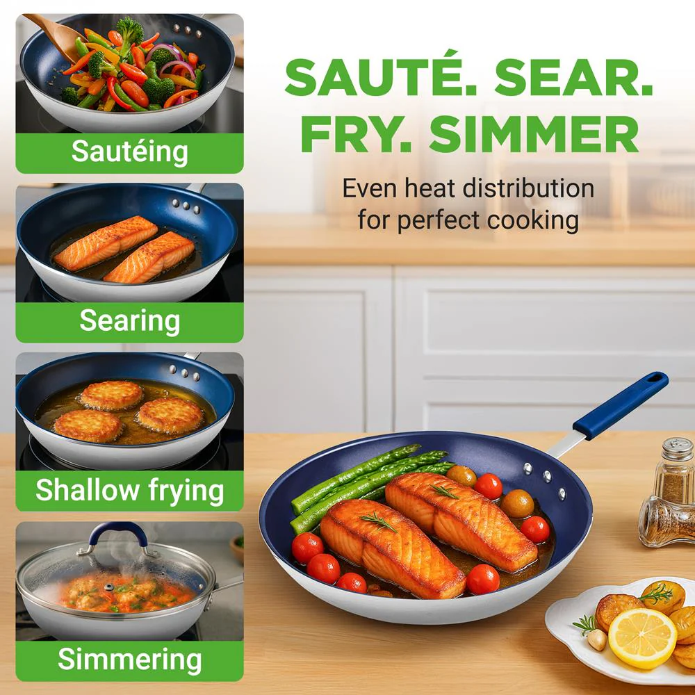 10" Nonstick Fry Pan with Lid, Ceramic Coating, Blue Silicone Handle - Image 2
