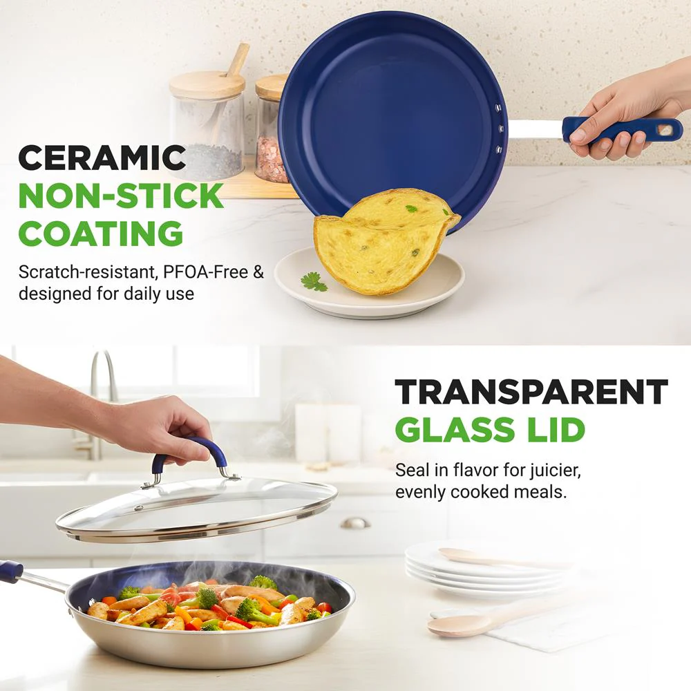 10" Nonstick Fry Pan with Lid, Ceramic Coating, Blue Silicone Handle - Image 3