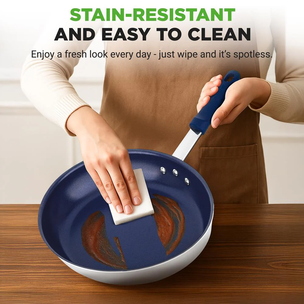 10" Nonstick Fry Pan with Lid, Ceramic Coating, Blue Silicone Handle - Image 5