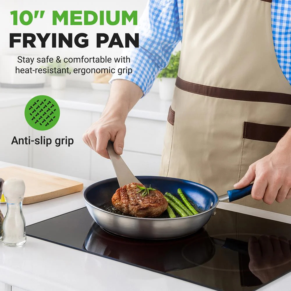 10" Nonstick Fry Pan with Lid, Ceramic Coating, Blue Silicone Handle - Image 7