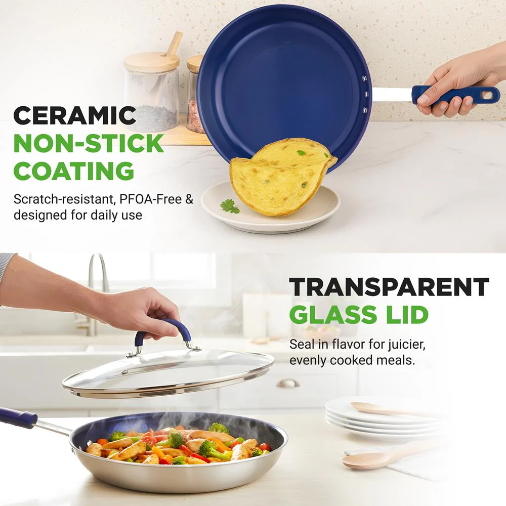 12" Nonstick Fry Pan with Lid - Even Heat Ceramic Coating, Blue Handle - Image 3