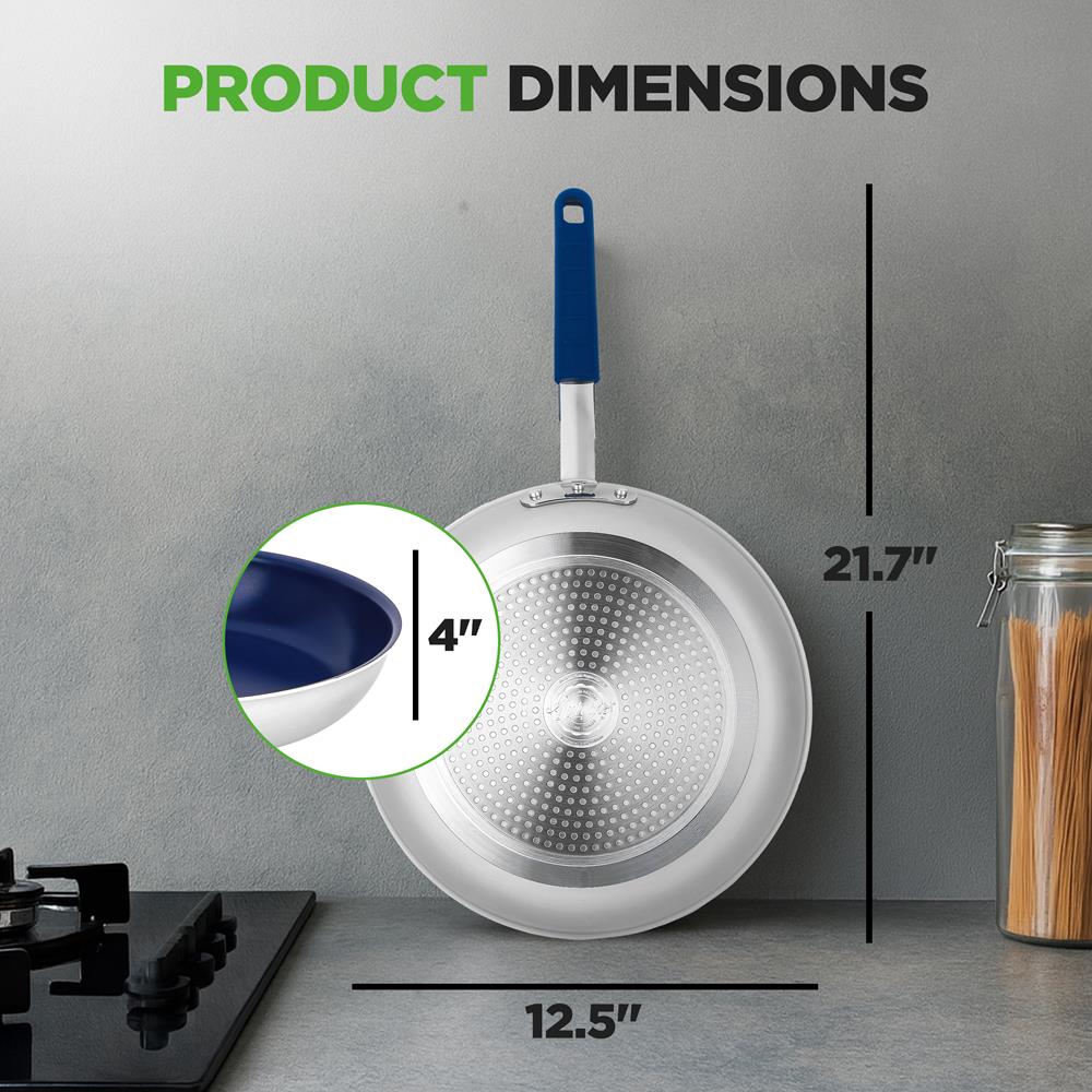 12" Nonstick Fry Pan with Lid - Even Heat Ceramic Coating, Blue Handle - Image 6