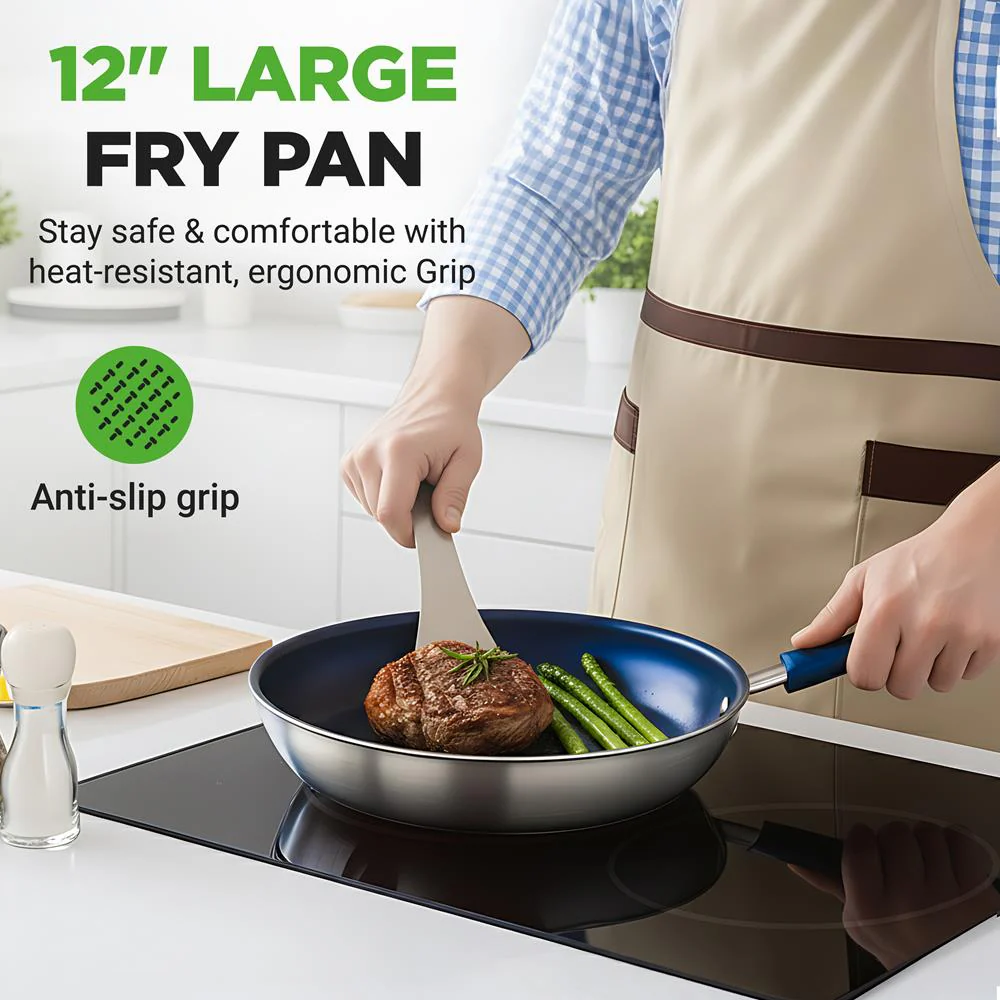 12" Nonstick Fry Pan with Lid - Even Heat Ceramic Coating, Blue Handle - Image 7