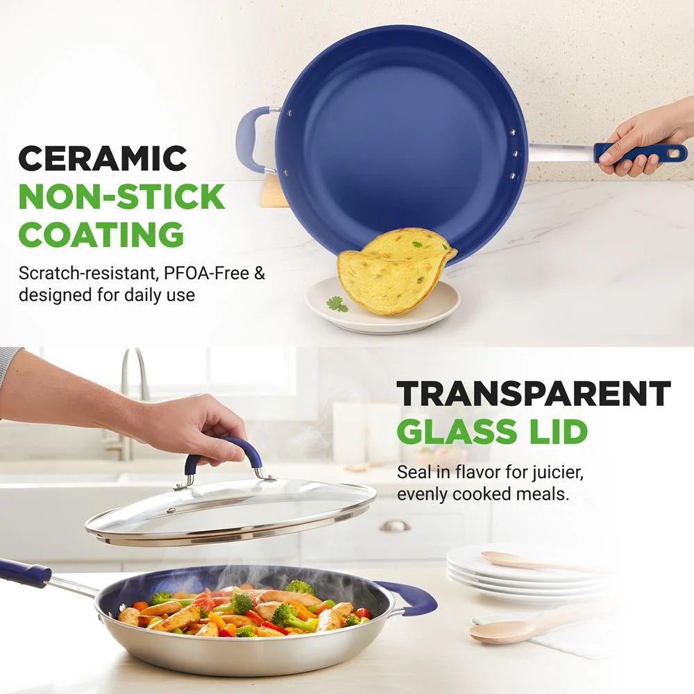 14" Nonstick Fry Pan with Lid - Easy Clean Ceramic, Blue Silicone Handle - Image 3