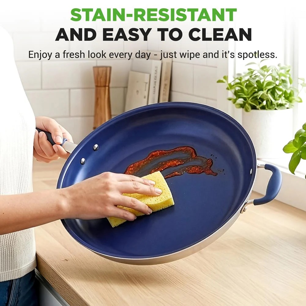 14" Nonstick Fry Pan with Lid - Easy Clean Ceramic, Blue Silicone Handle - Image 5