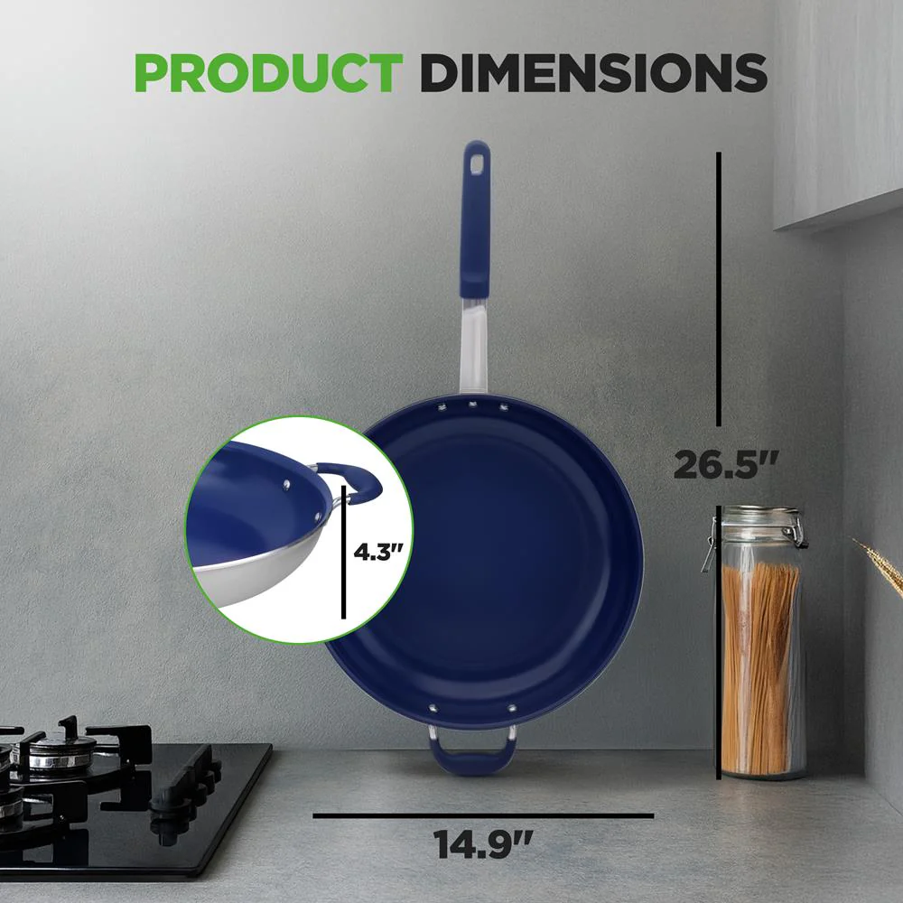 14" Nonstick Fry Pan with Lid - Easy Clean Ceramic, Blue Silicone Handle - Image 6