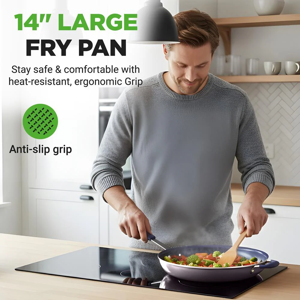 14" Nonstick Fry Pan with Lid - Easy Clean Ceramic, Blue Silicone Handle - Image 7