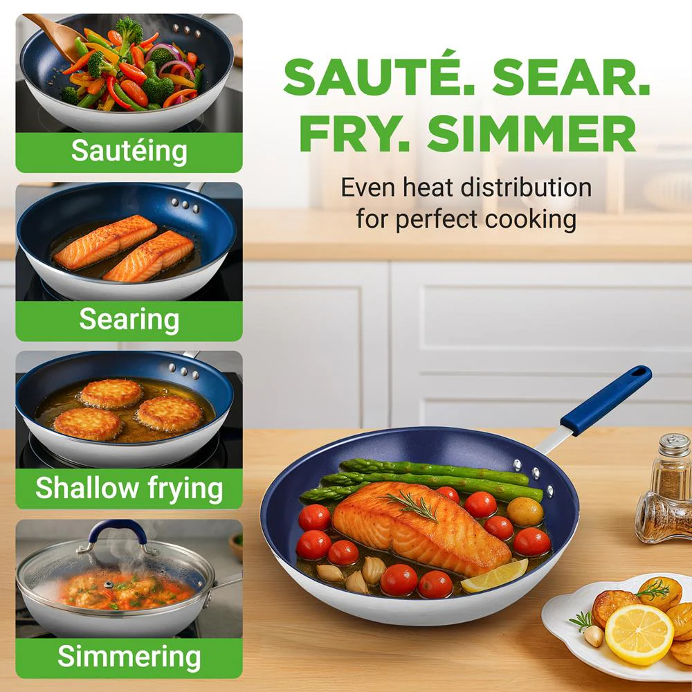 8" Nonstick Fry Pan with Lid, Ceramic Coating, Blue Silicone Handle - Image 2