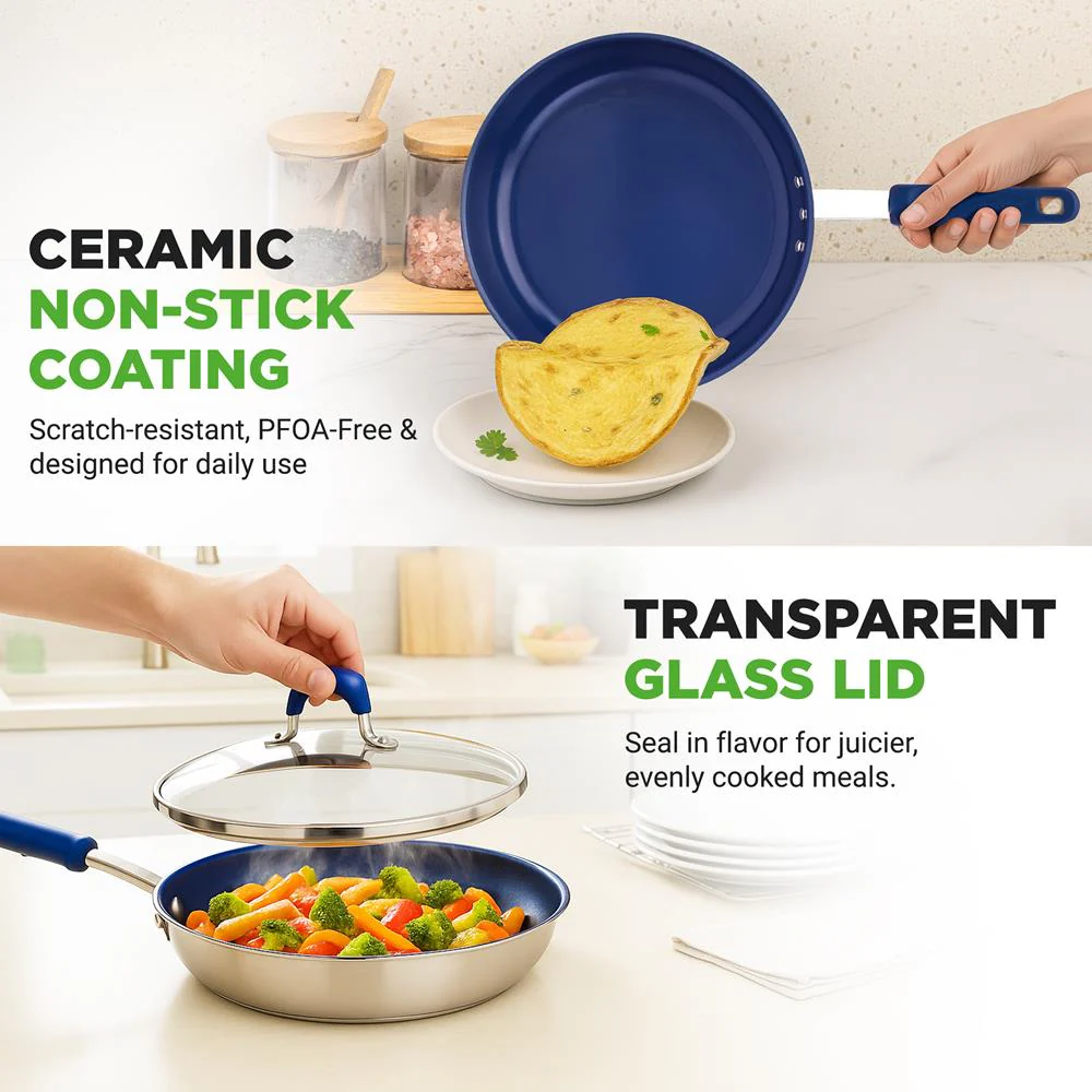 8" Nonstick Fry Pan with Lid, Ceramic Coating, Blue Silicone Handle - Image 3