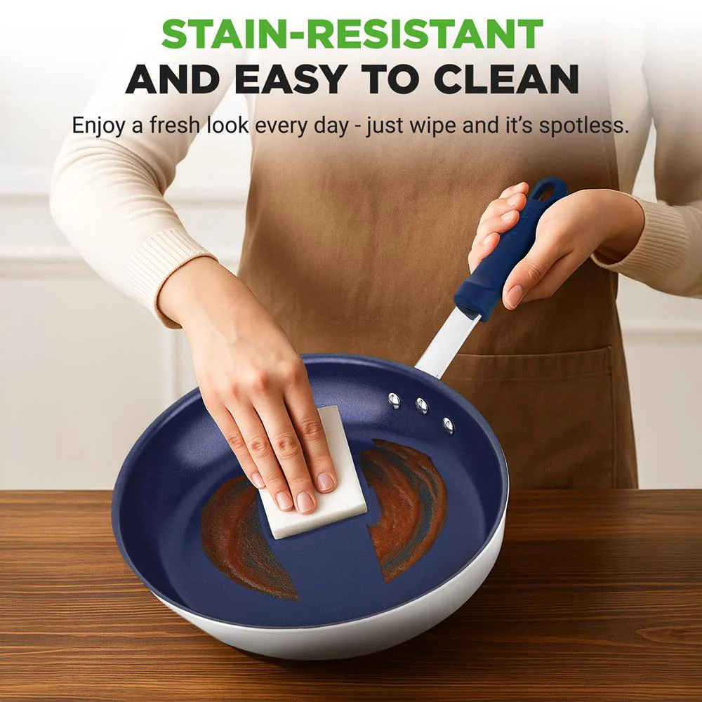 8" Nonstick Fry Pan with Lid, Ceramic Coating, Blue Silicone Handle - Image 5