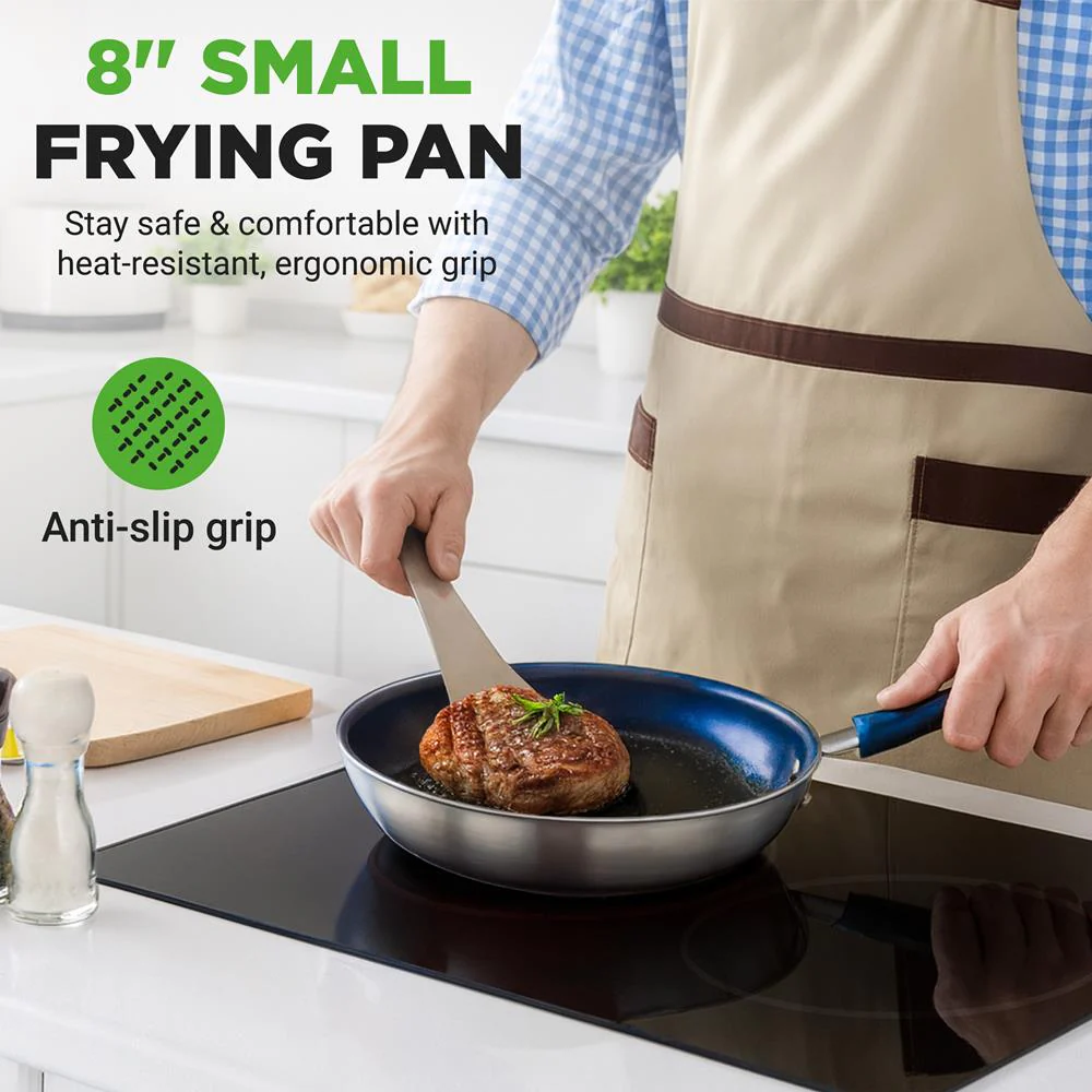 8" Nonstick Fry Pan with Lid, Ceramic Coating, Blue Silicone Handle - Image 7
