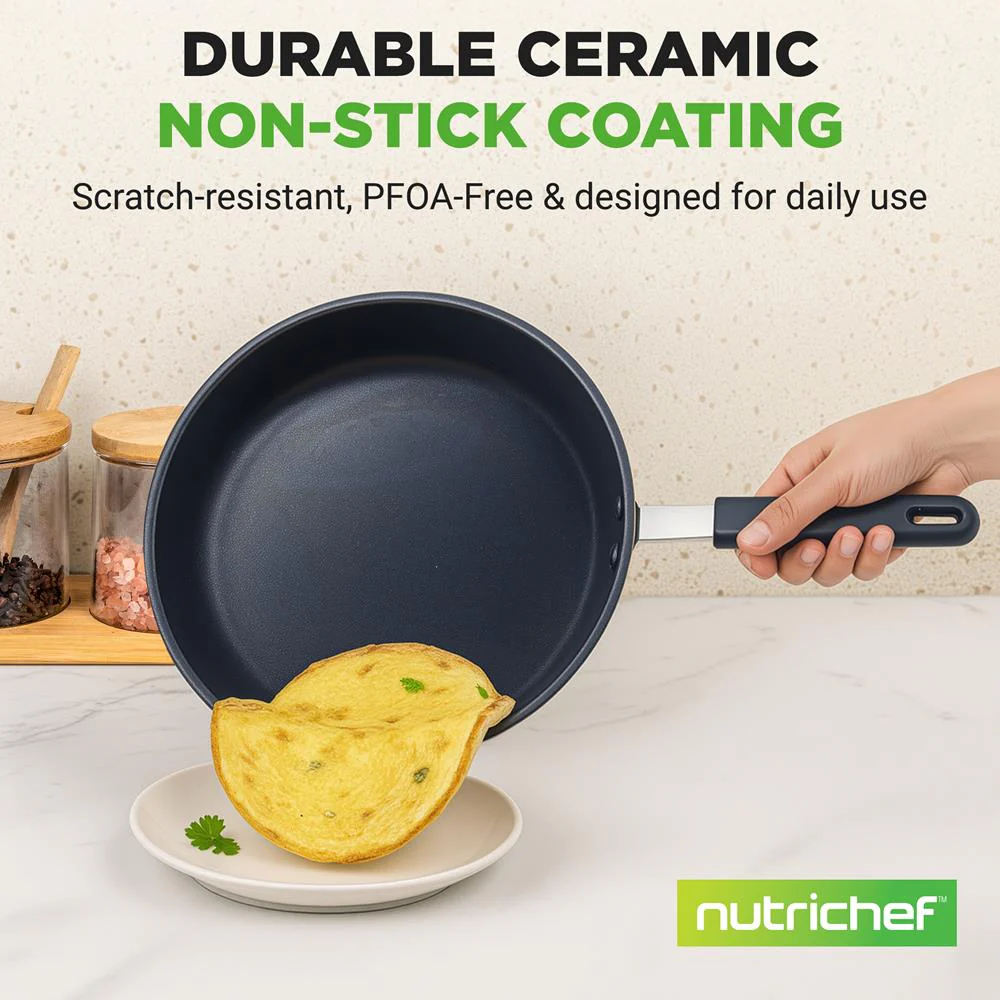 12" Nonstick Fry Pan - Easy Clean Ceramic Coating, Blue Silicone Handle - Image 3