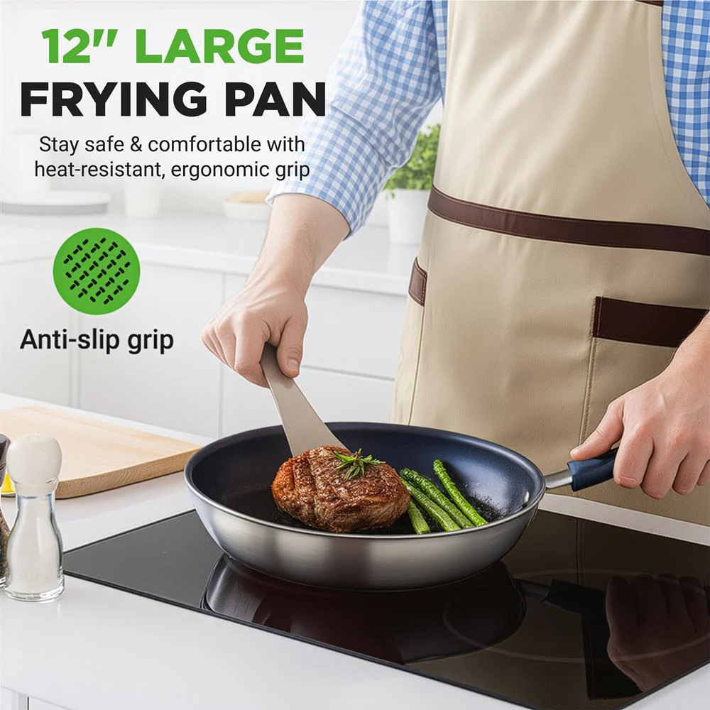 12" Nonstick Fry Pan - Easy Clean Ceramic Coating, Blue Silicone Handle - Image 7