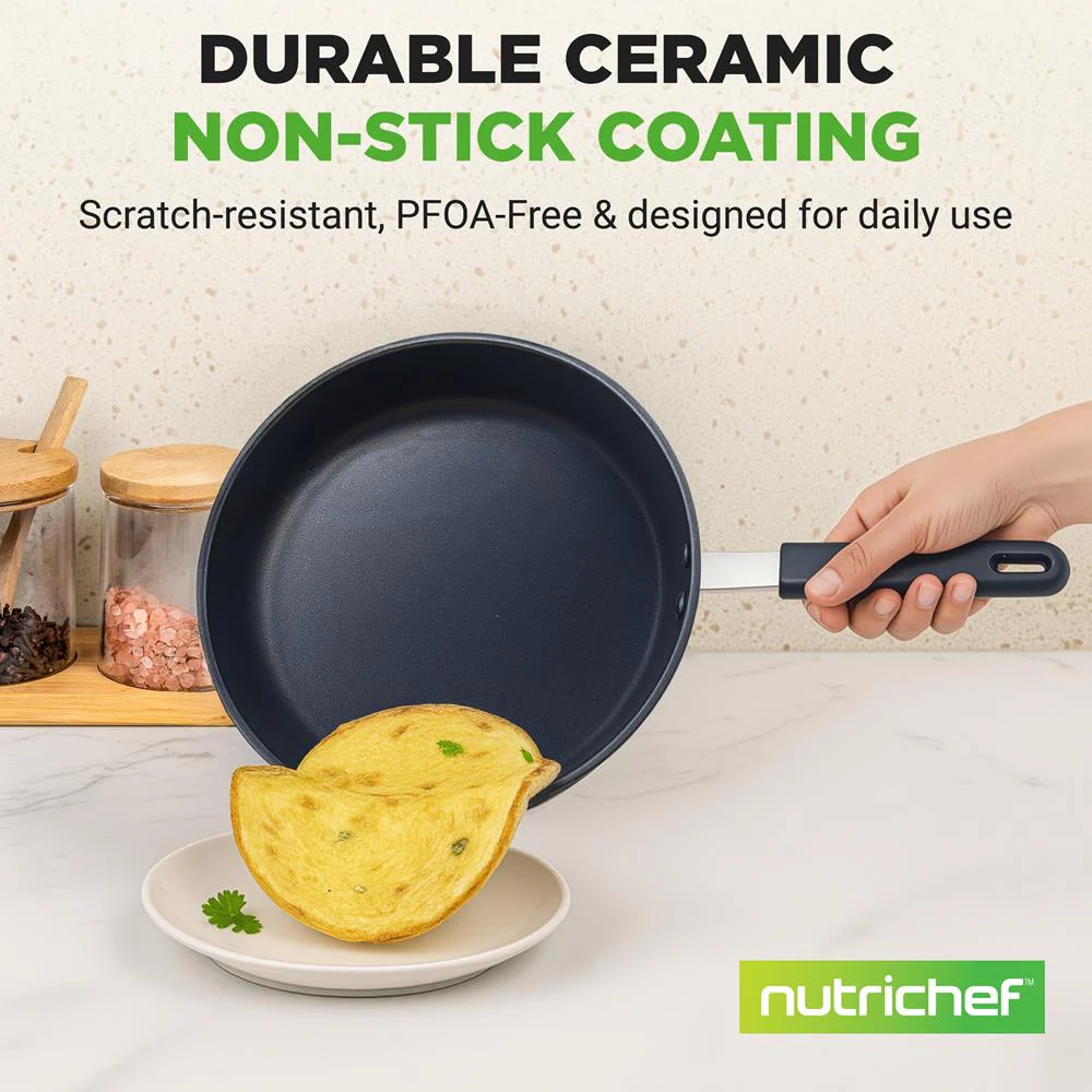 8" Nonstick Fry Pan - Easy Clean Ceramic, Blue Silicone Handle - Image 3