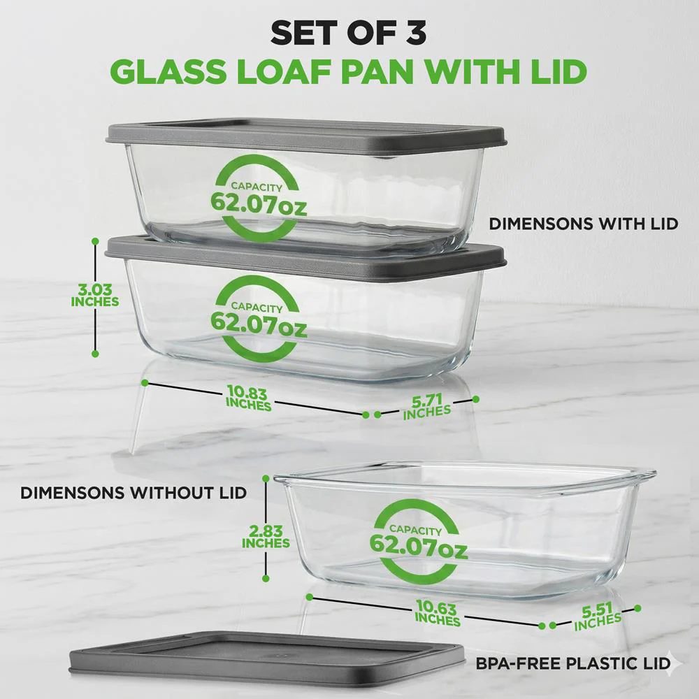 6-Piece Glass Loaf Pan Set - Airtight Lids, Stackable, Oven Safe, Clear - Image 2