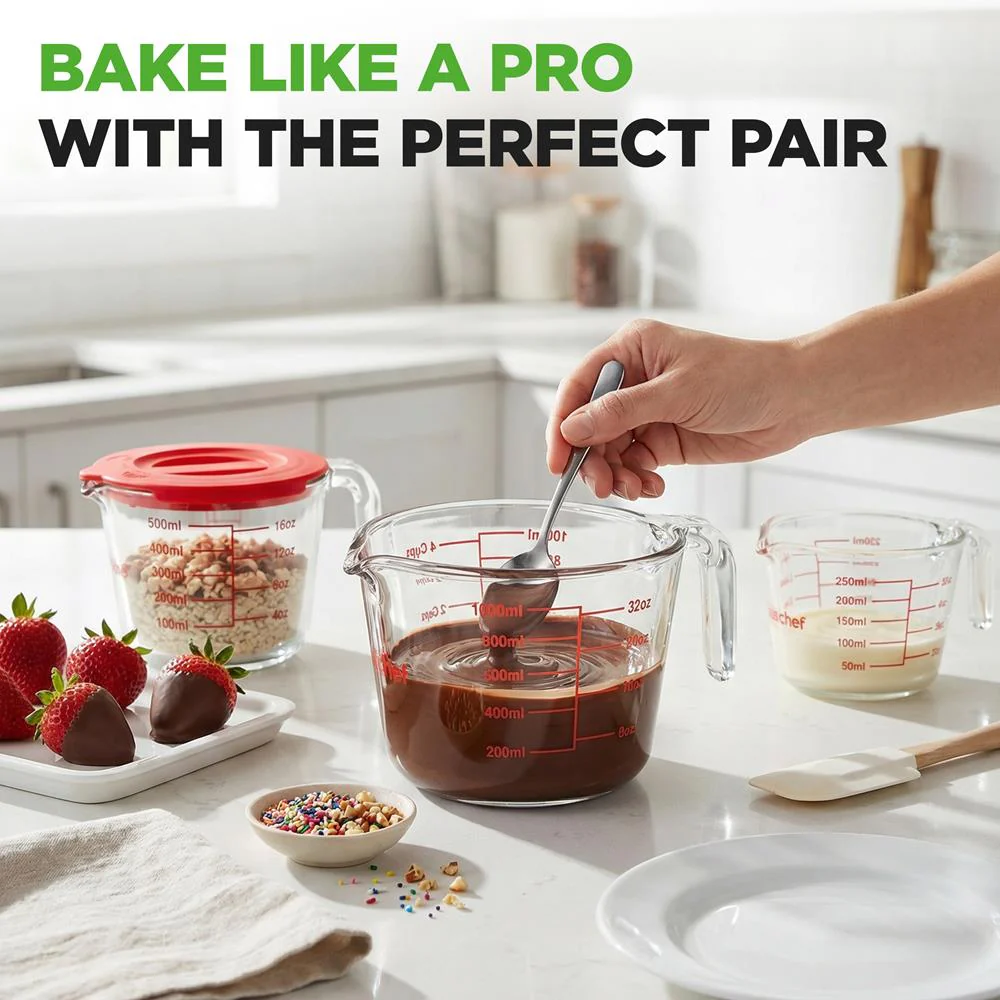 Nutrichef 250Ml, 500Ml & 1000Ml Glass Measuring Cup Set With Lid – Heat-Resistant, Bpa-Free, Clear & Durable With Easy-Read Scale – Safe For Microwave, Oven, Freezer & Dishwasher (Red) - Image 3