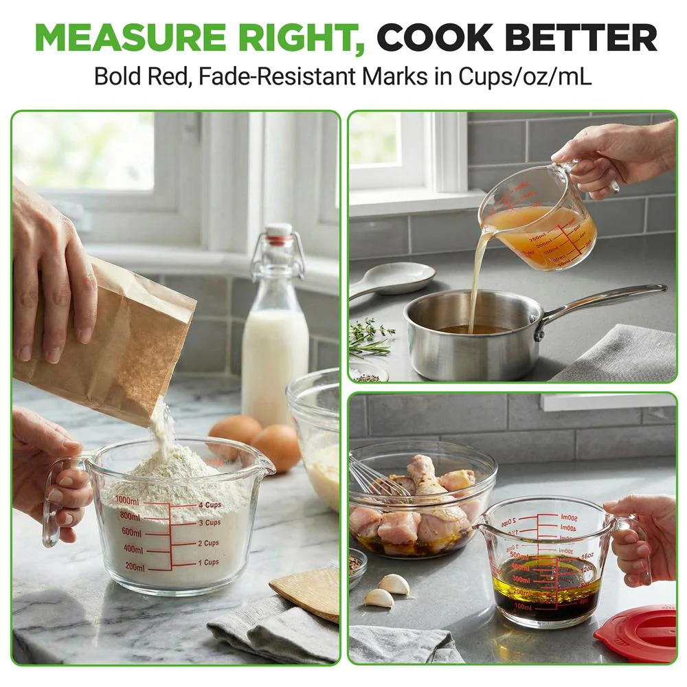 Nutrichef 250Ml, 500Ml & 1000Ml Glass Measuring Cup Set With Lid – Heat-Resistant, Bpa-Free, Clear & Durable With Easy-Read Scale – Safe For Microwave, Oven, Freezer & Dishwasher (Red) - Image 4