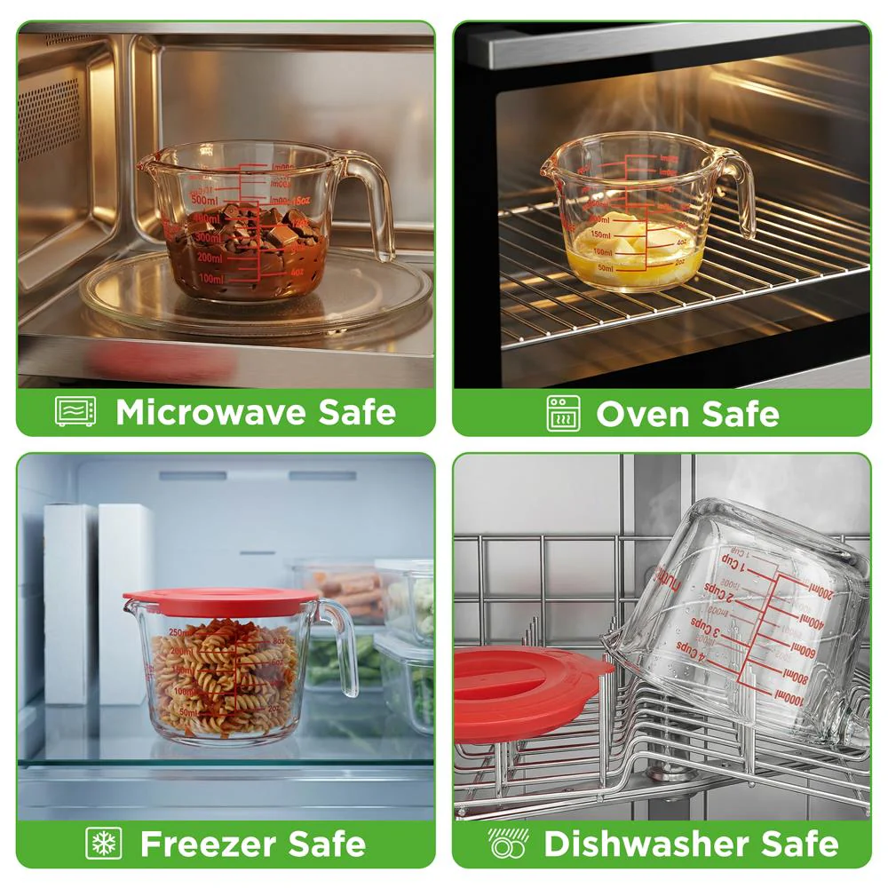 Nutrichef 250Ml, 500Ml & 1000Ml Glass Measuring Cup Set With Lid – Heat-Resistant, Bpa-Free, Clear & Durable With Easy-Read Scale – Safe For Microwave, Oven, Freezer & Dishwasher (Red) - Image 5