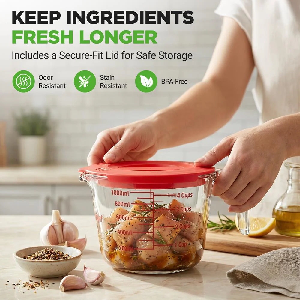 Nutrichef 250Ml, 500Ml & 1000Ml Glass Measuring Cup Set With Lid – Heat-Resistant, Bpa-Free, Clear & Durable With Easy-Read Scale – Safe For Microwave, Oven, Freezer & Dishwasher (Red) - Image 6