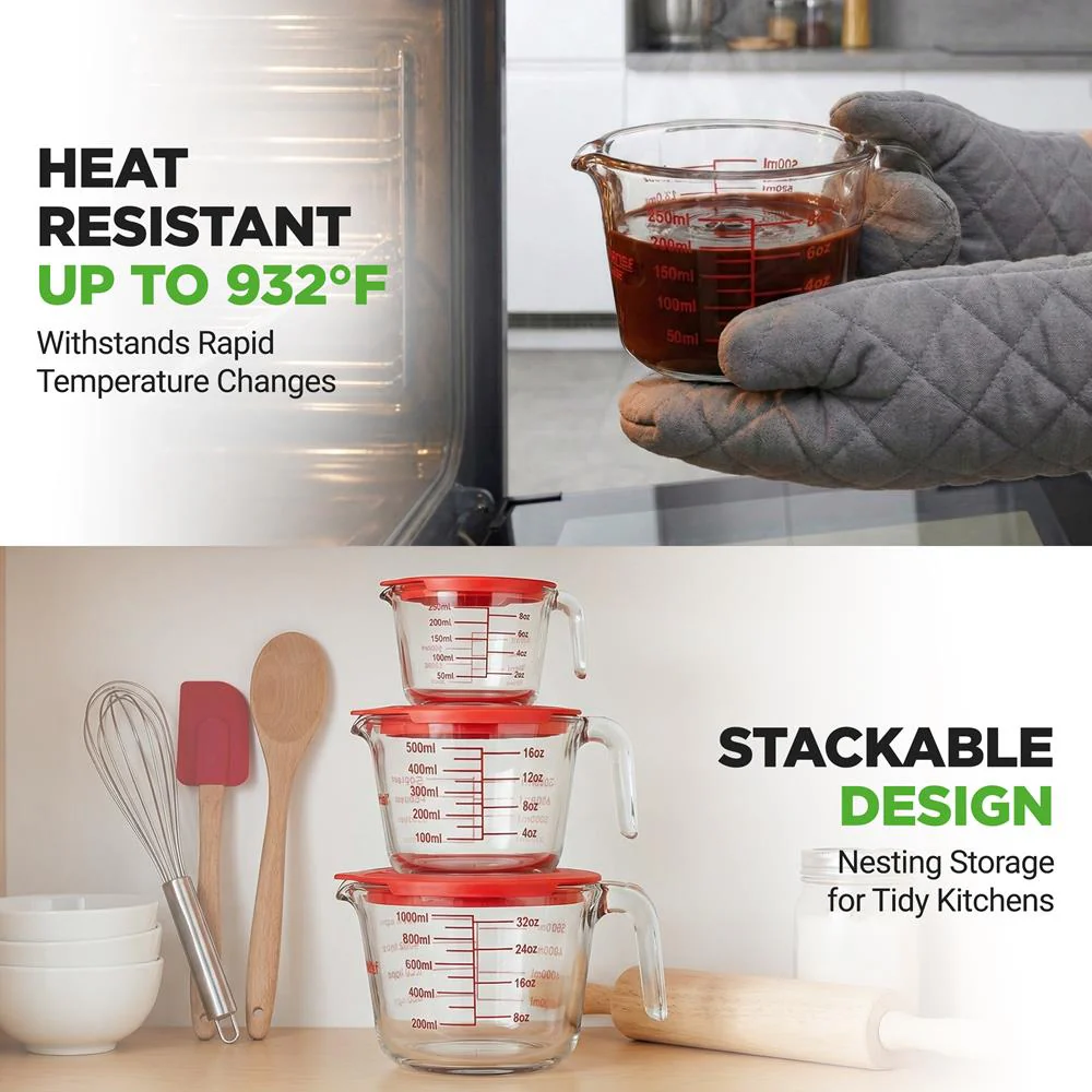 Nutrichef 250Ml, 500Ml & 1000Ml Glass Measuring Cup Set With Lid – Heat-Resistant, Bpa-Free, Clear & Durable With Easy-Read Scale – Safe For Microwave, Oven, Freezer & Dishwasher (Red) - Image 7