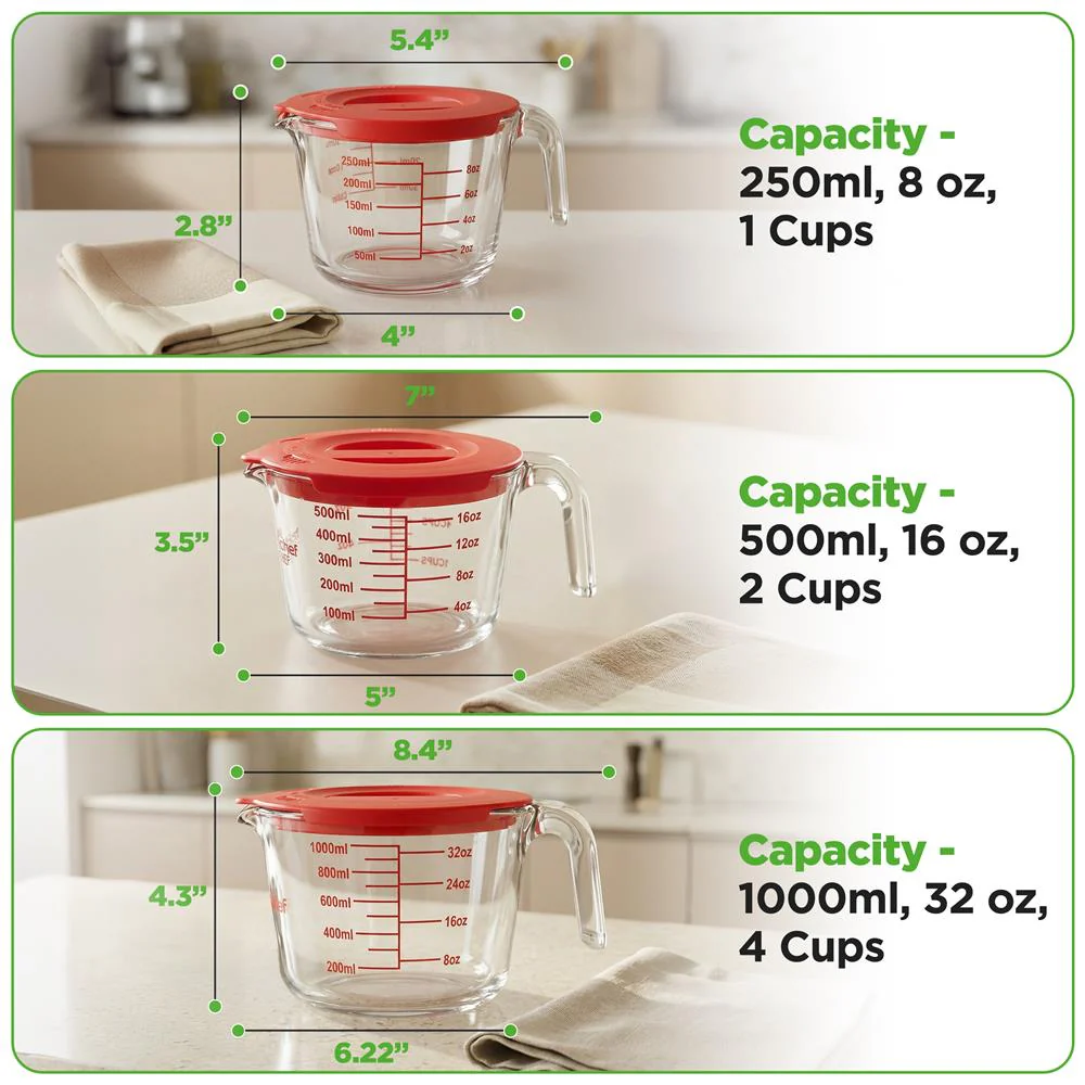 Nutrichef 250Ml, 500Ml & 1000Ml Glass Measuring Cup Set With Lid – Heat-Resistant, Bpa-Free, Clear & Durable With Easy-Read Scale – Safe For Microwave, Oven, Freezer & Dishwasher (Red) - Image 8