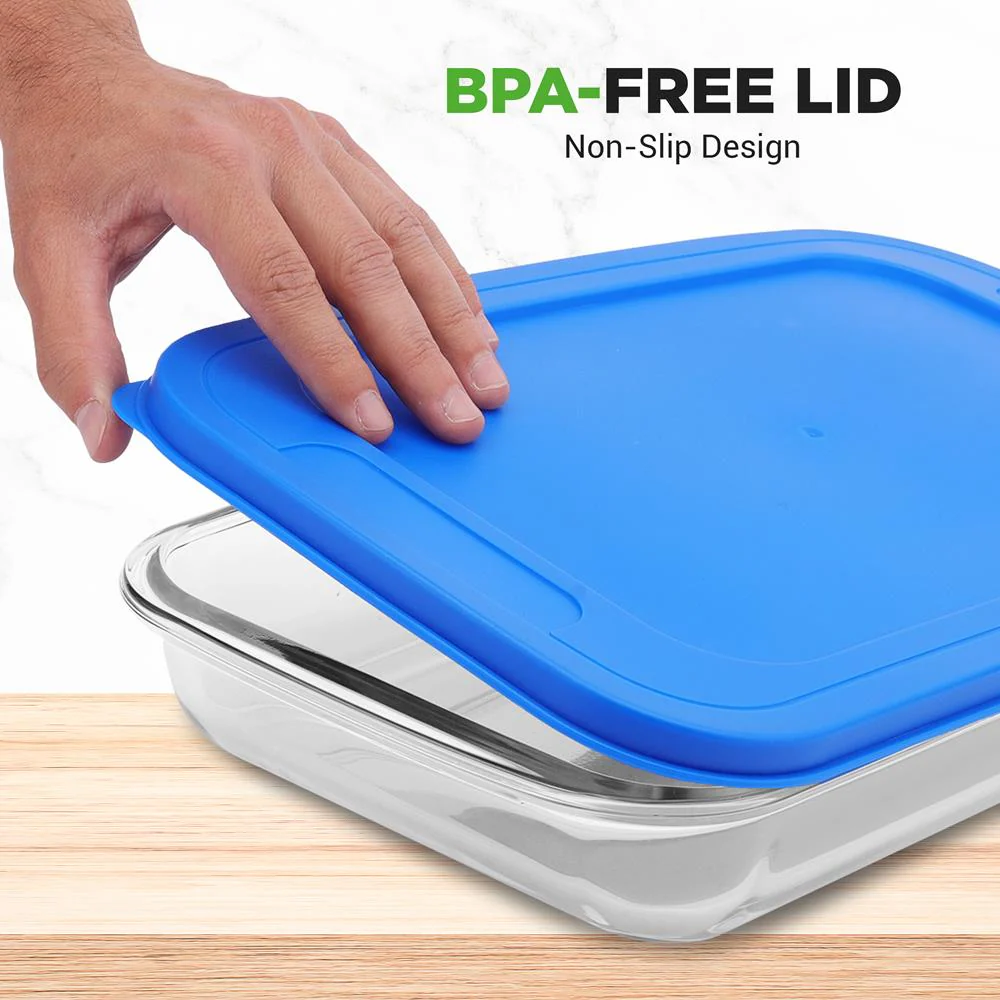 8-Piece Glass Bakeware Set, Stackable, Borosilicate, Blue Lids - Image 3