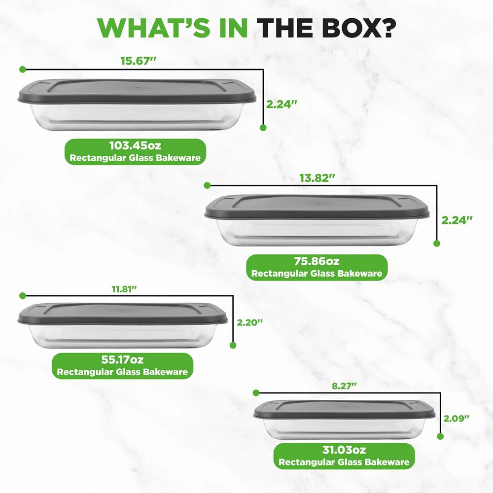 4 Sets Of High Borosilicate Rectangular Glass Bakeware Set With Pe Lid (Gray) - Image 7