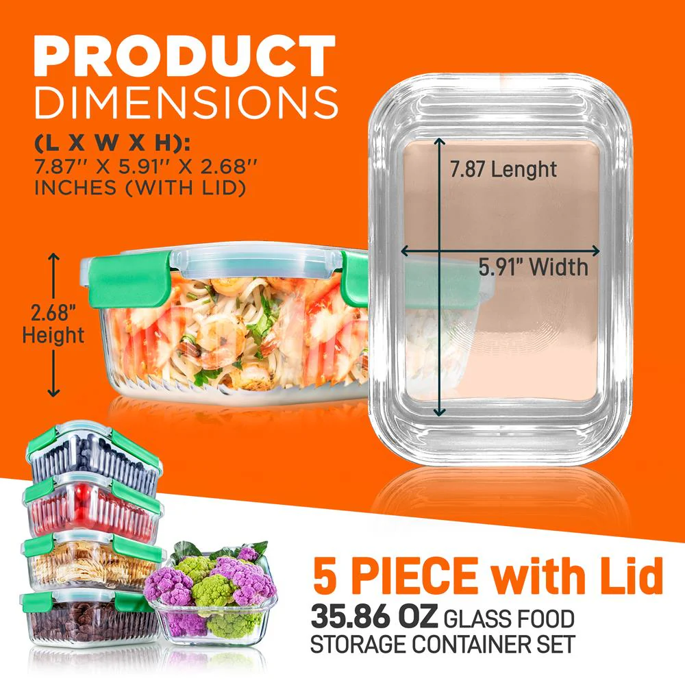 10-Piece Glass Food Storage Set - Leakproof Airtight Lids, Oven Safe - Image 2