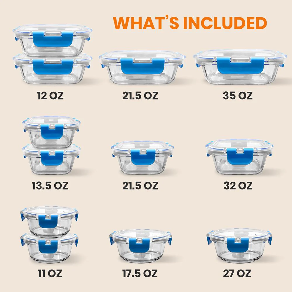 24-Piece Glass Food Storage Set, Airtight Leak-Proof, Blue - Image 2