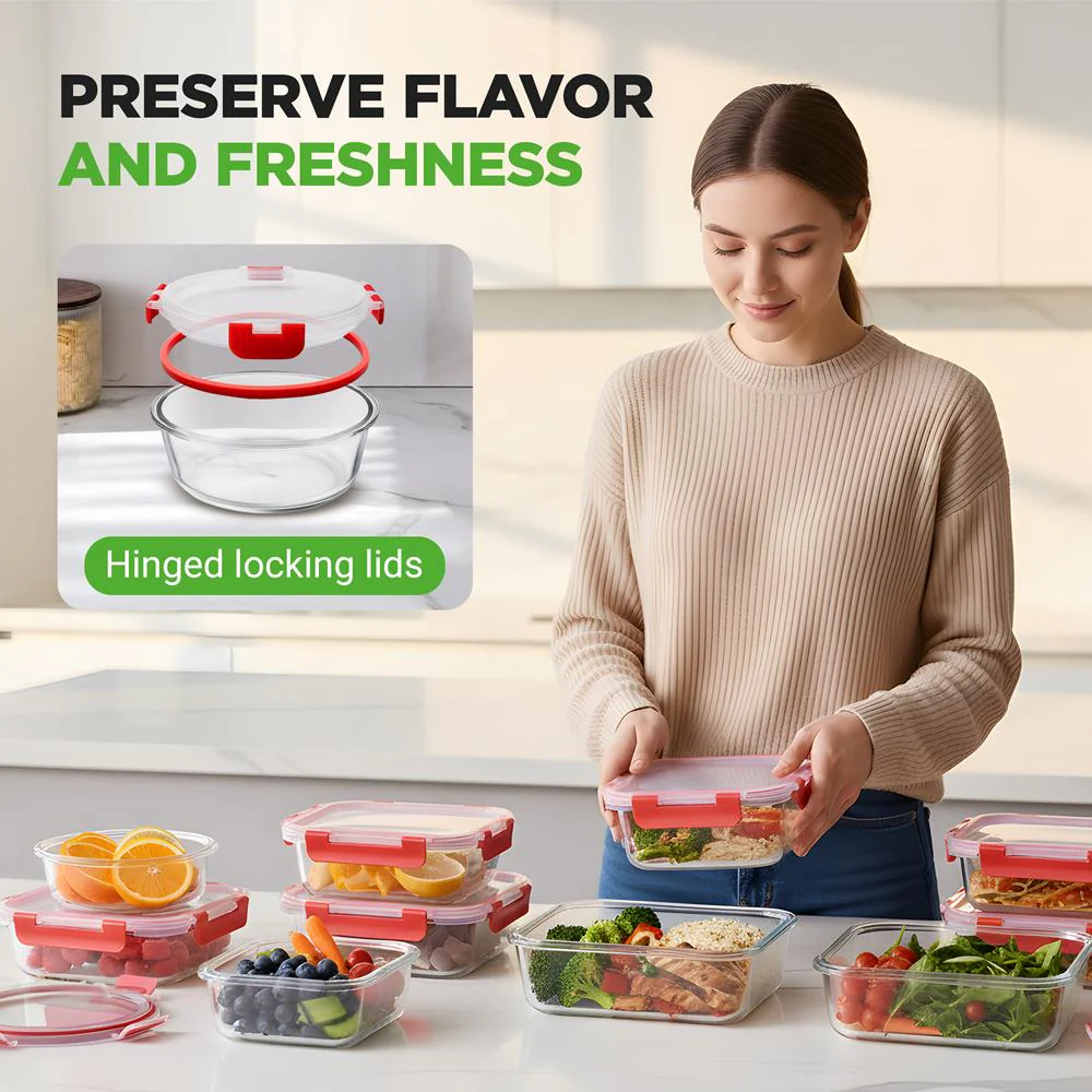 Glass Food Storage Set 24pc Airtight Leak-Proof Borosilicate Red - Image 2