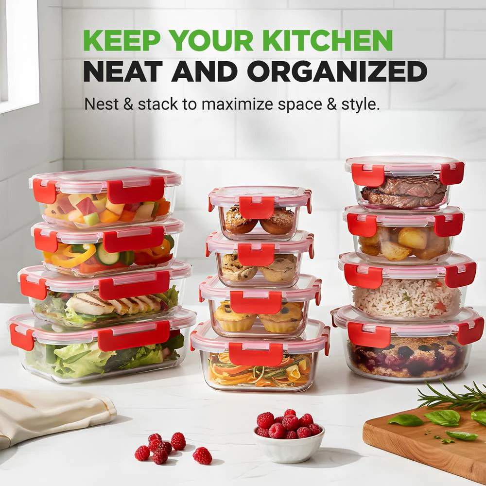 Glass Food Storage Set 24pc Airtight Leak-Proof Borosilicate Red - Image 5