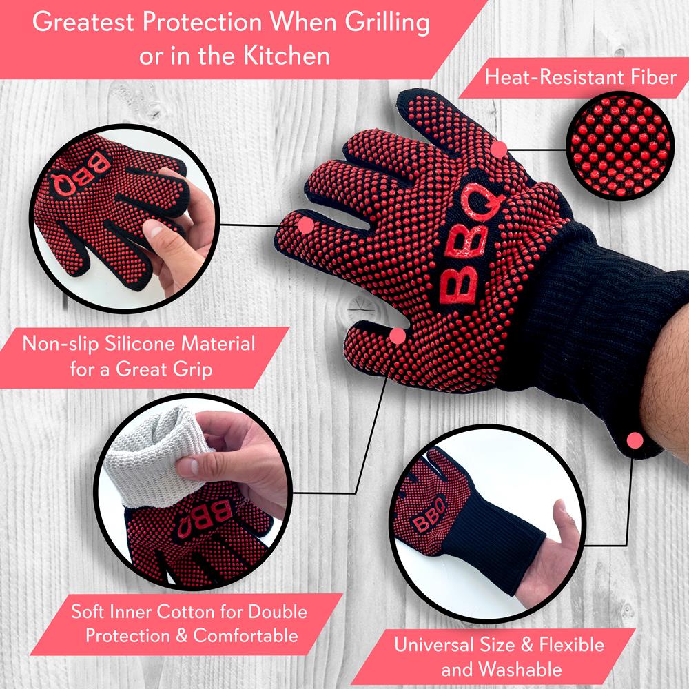 BBQ Gloves 1472°F Heat Resistant Silicone Grip 14" Washable Mitts - Image 2