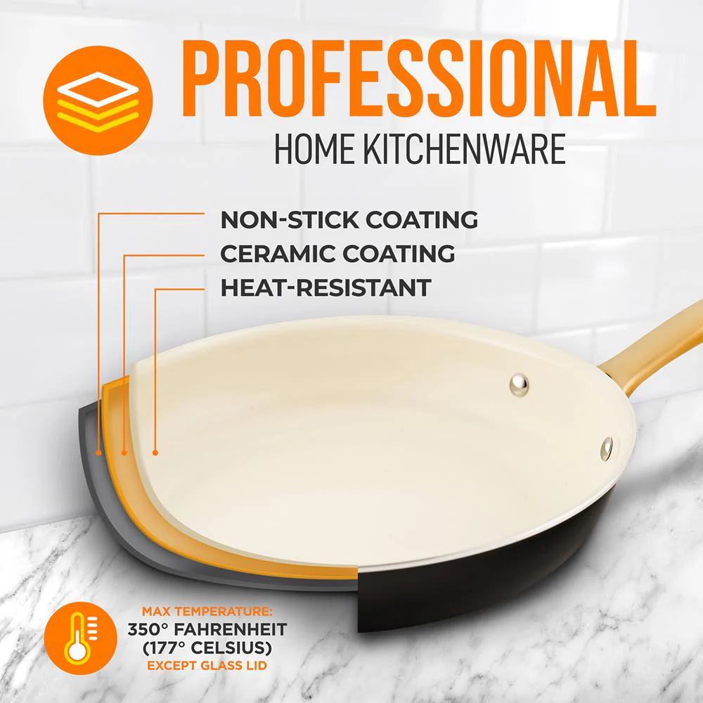 12" Non-Stick Frying Pan, Even Heat, Ceramic Coating, Golden Handle - Image 3
