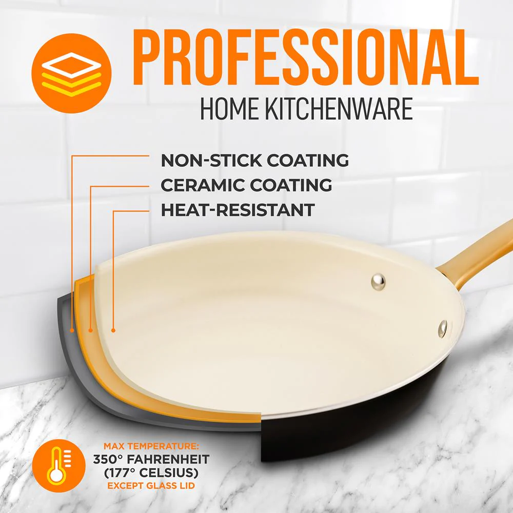 8" Non-Stick Frying Pan, Even Heat, Ceramic Coating, Golden Titanium Handle - Image 3