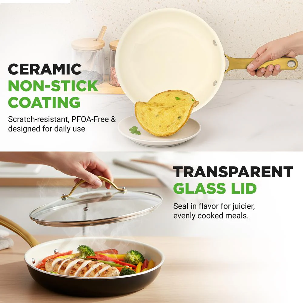 12" Non-Stick Frying Pan with Lid, Even Heat, Golden Titanium Handle - Image 3