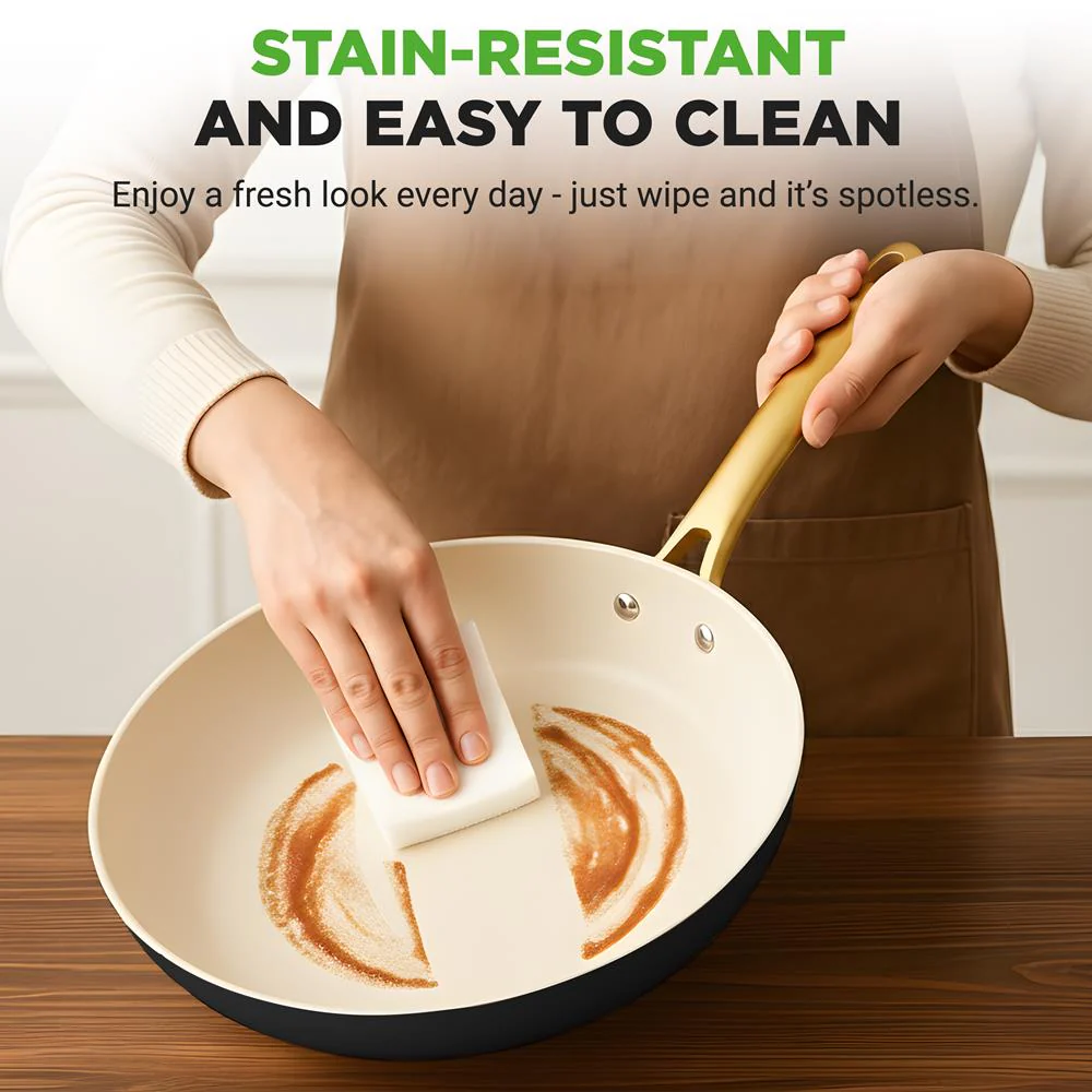 12" Non-Stick Frying Pan with Lid, Even Heat, Golden Titanium Handle - Image 5