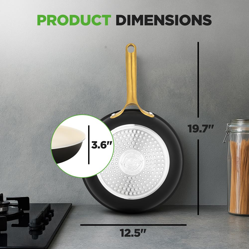 12" Non-Stick Frying Pan with Lid, Even Heat, Golden Titanium Handle - Image 6