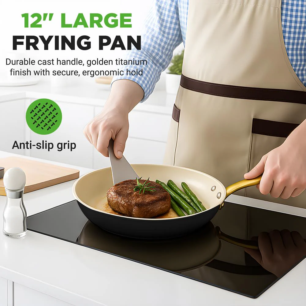 12" Non-Stick Frying Pan with Lid, Even Heat, Golden Titanium Handle - Image 7