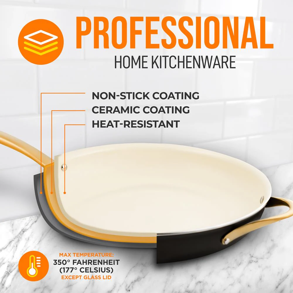 14" Non-Stick Fry Pan with Lid, Golden Titanium Handle, Easy Clean - Image 3