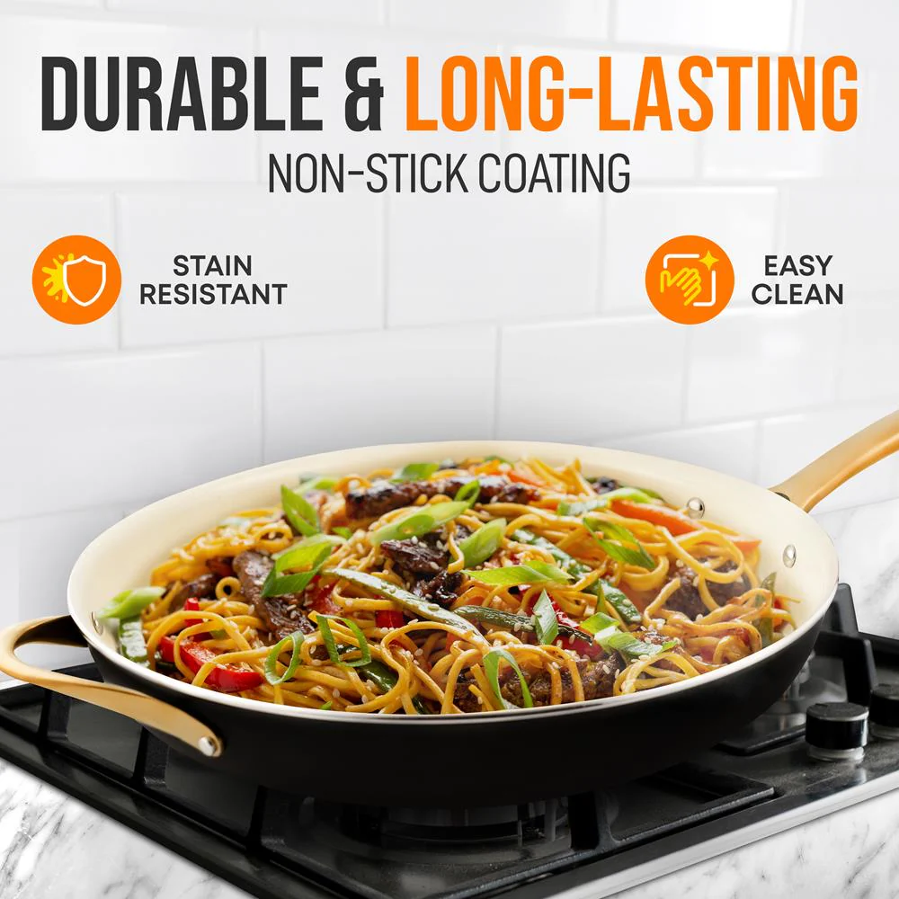 14" Non-Stick Fry Pan with Lid, Golden Titanium Handle, Easy Clean - Image 6