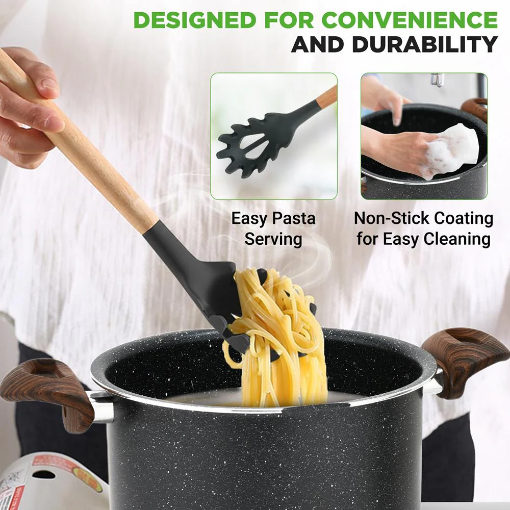 5qt Non-Stick Pasta Pot with Strainer Lid & Fork, Even Heat, Black Marble - Image 3