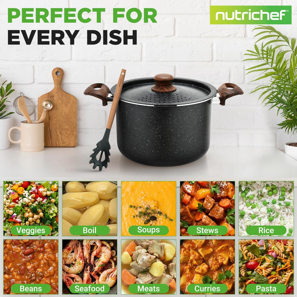 5qt Non-Stick Pasta Pot with Strainer Lid & Fork, Even Heat, Black Marble - Image 4