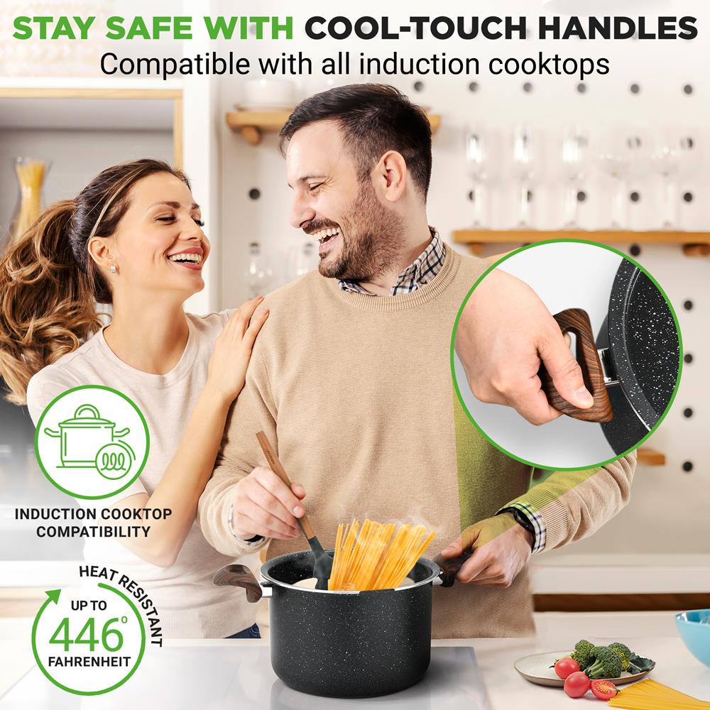5qt Non-Stick Pasta Pot with Strainer Lid & Fork, Even Heat, Black Marble - Image 5