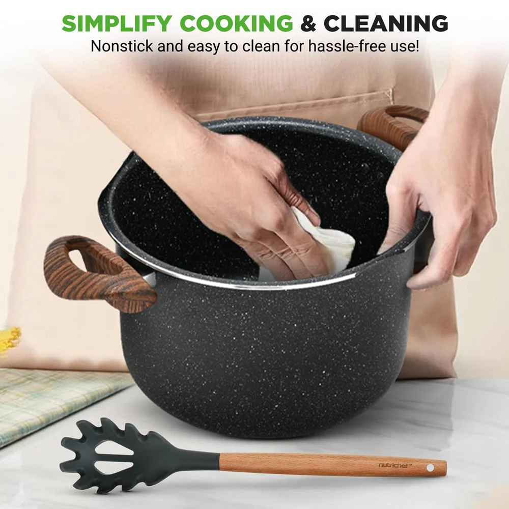 5qt Non-Stick Pasta Pot with Strainer Lid & Fork, Even Heat, Black Marble - Image 6