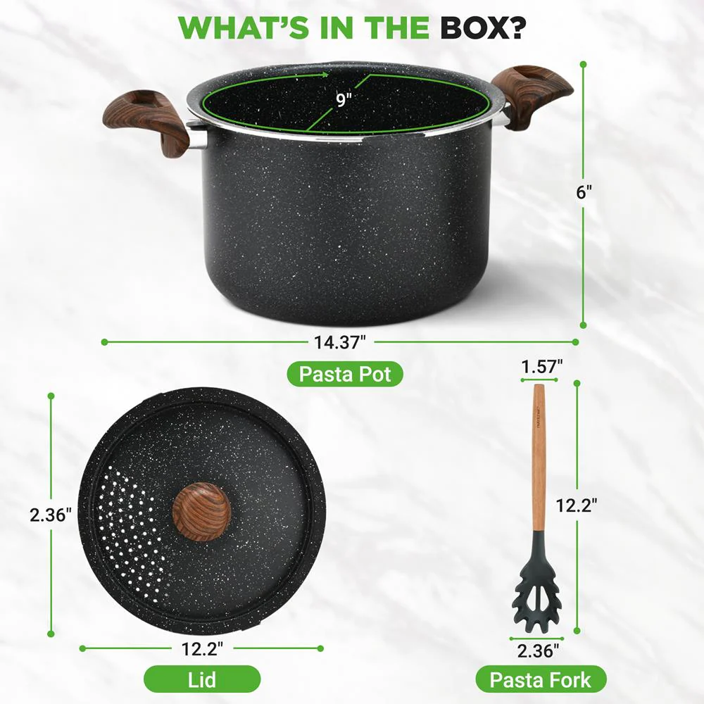 5qt Non-Stick Pasta Pot with Strainer Lid & Fork, Even Heat, Black Marble - Image 7