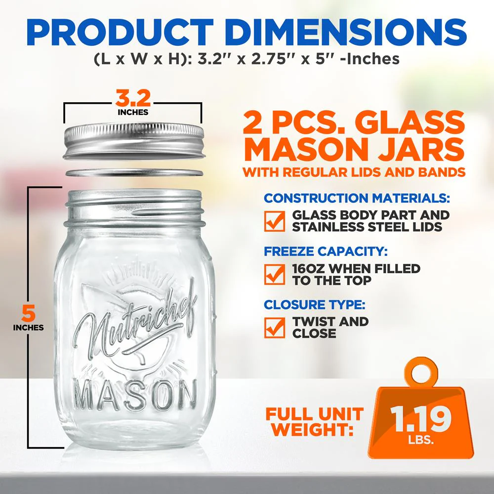 Mason Jars 2-Pack 16 oz - Airtight Seal, Thick Glass, Silver Lids - Image 2