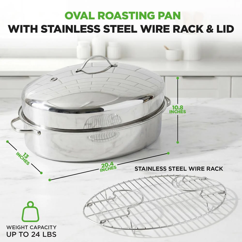 20" Oval Roasting Pan - Tender Roasts - Stainless Steel, Dishwasher Safe - Image 2