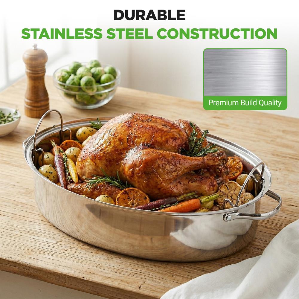 20" Oval Roasting Pan - Tender Roasts - Stainless Steel, Dishwasher Safe - Image 3